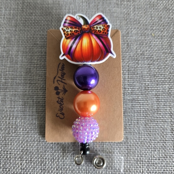 Pumpkin Orange Purple Leopard Bow Beaded Retractable Name Badge ID Reel Holder - Picture 1 of 2